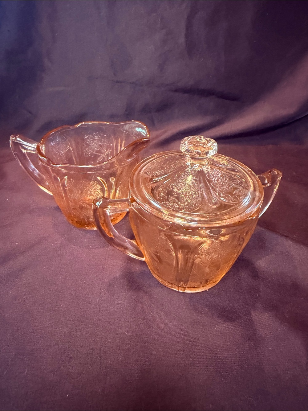 Jeanette Glass Co. Depression Glass Covered Sugar Bowl and Creamer